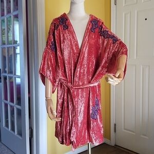 Zara Beaded Embroidered Orange Velour Kimono Robe